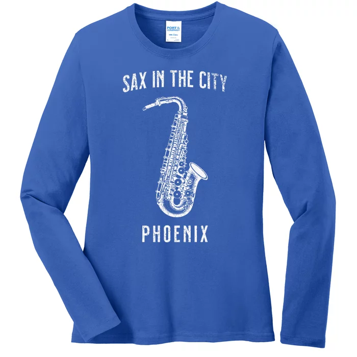 Funny Sax In The City Phoenix Jazz Music Sax Player Design Ladies Long Sleeve Shirt