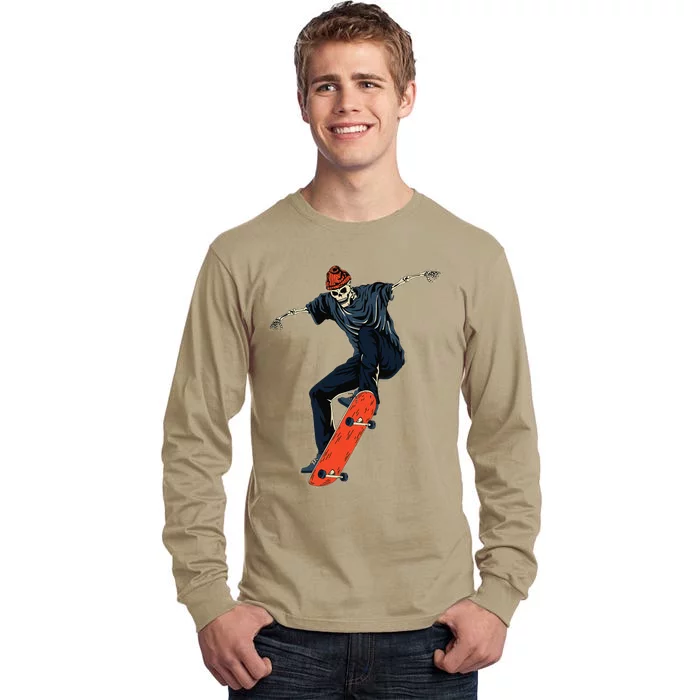 Funny Skeleton In Skateboard Skateboarder Cute Halloween Tall Long Sleeve T-Shirt