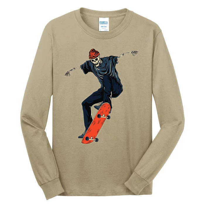 Funny Skeleton In Skateboard Skateboarder Cute Halloween Tall Long Sleeve T-Shirt