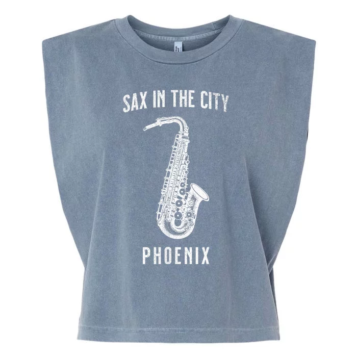 Funny Sax In The City Phoenix Jazz Music Sax Player Design Garment-Dyed Women's Muscle Tee