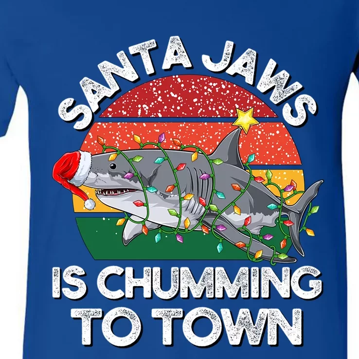 Funny Santa Jaws Shark Christmas Lights Sharkmas Xmas Retro Great Gift V-Neck T-Shirt