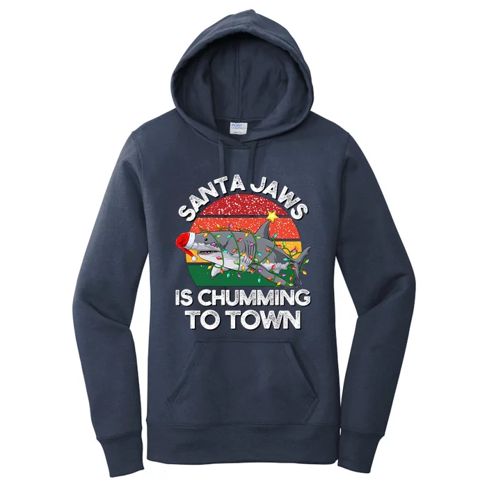 Funny Santa Jaws Shark Christmas Lights Sharkmas Xmas Retro Great Gift Women's Pullover Hoodie