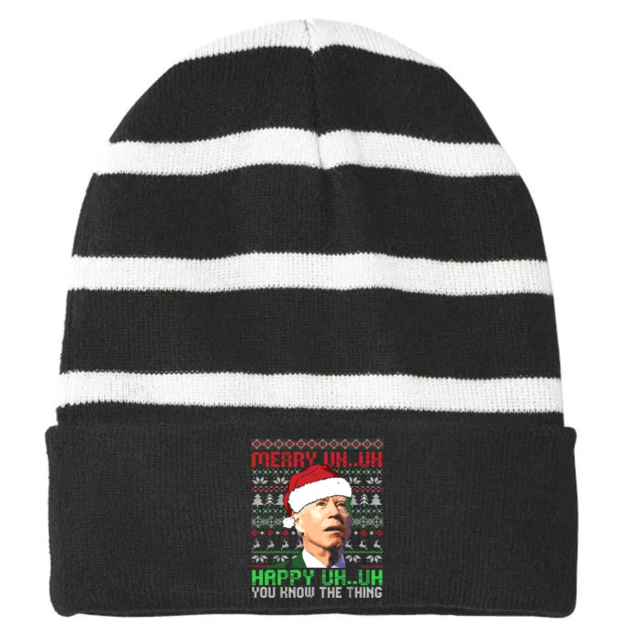 Funny Santa Joe Biden Merry Uh Uh Christmas Ugly Premium Striped Beanie with Solid Band