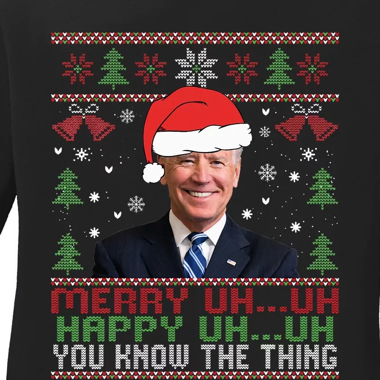 Funny Santa Joe Biden Merry Uh Uh Christmas Ugly Ladies Long Sleeve Shirt