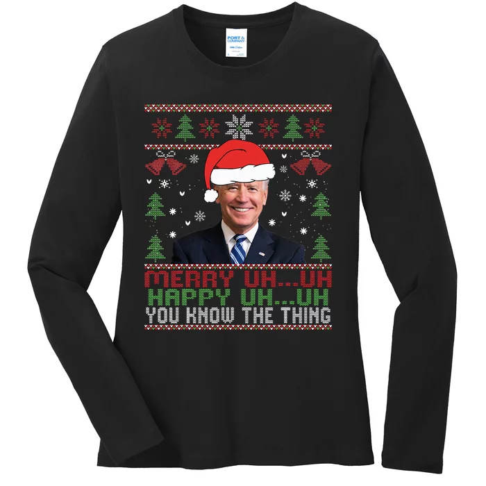 Funny Santa Joe Biden Merry Uh Uh Christmas Ugly Ladies Long Sleeve Shirt