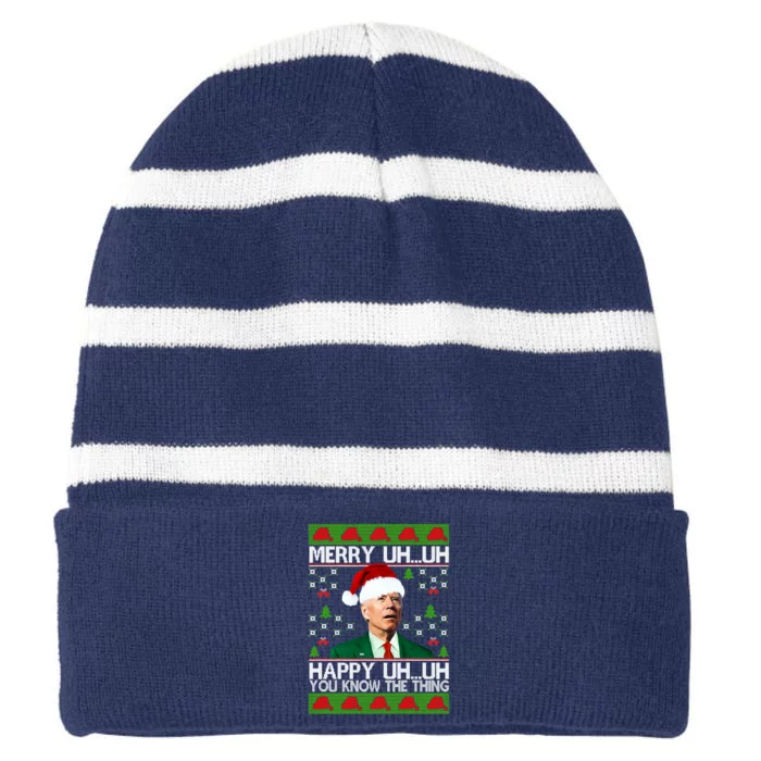 Funny Santa Joe Biden Merry Uh Uh Christmas Ugly Memes Anti Biden Ugly Christmas Striped Beanie with Solid Band