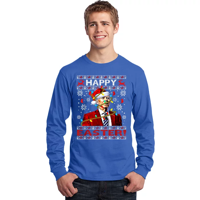 Funny Santa Joe Biden Happy Easter Ugly Christmas Lights Gift Long Sleeve Shirt