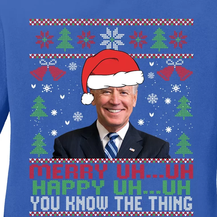 Funny Santa Joe Biden Merry Uh Uh Christmas Ugly Ladies Long Sleeve Shirt