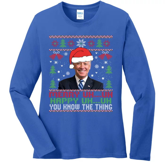 Funny Santa Joe Biden Merry Uh Uh Christmas Ugly Ladies Long Sleeve Shirt