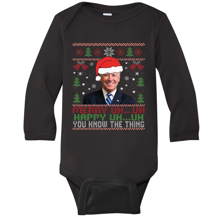 Funny Santa Joe Biden Merry Uh Uh Christmas Ugly Baby Long Sleeve Bodysuit