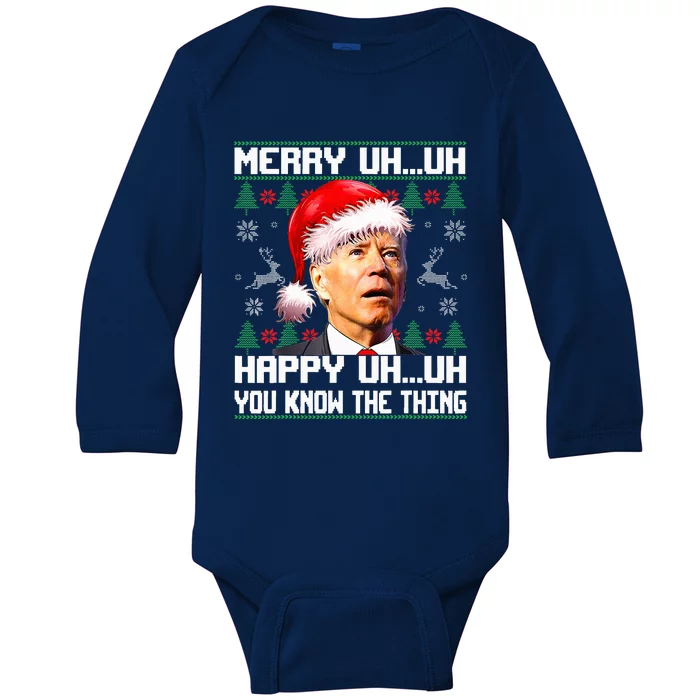 Funny Santa Joe Biden Merry Uh Uh Christmas Ugly Sweater Baby Long Sleeve Bodysuit