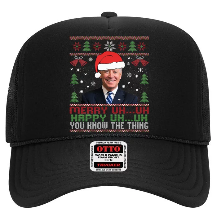 Funny Santa Joe Biden Merry Uh Uh Christmas Ugly High Crown Mesh Trucker Hat