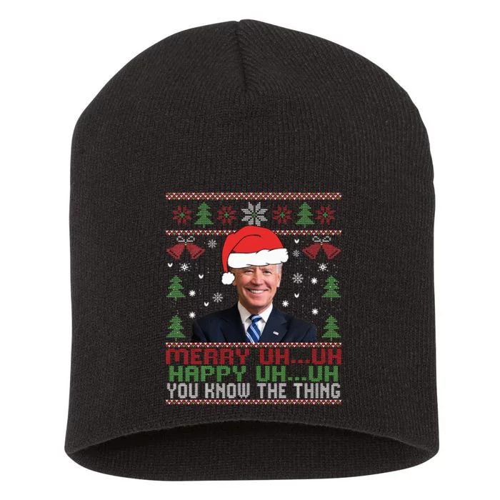 Funny Santa Joe Biden Merry Uh Uh Christmas Ugly Short Acrylic Beanie