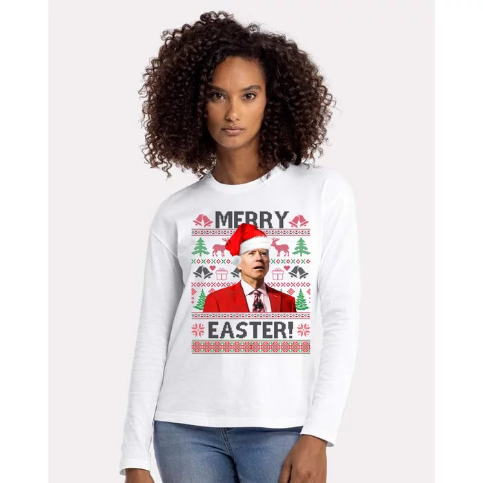 Funny Santa Joe Biden Merry Easter Ugly Christmas Womens Cotton Relaxed Long Sleeve T-Shirt