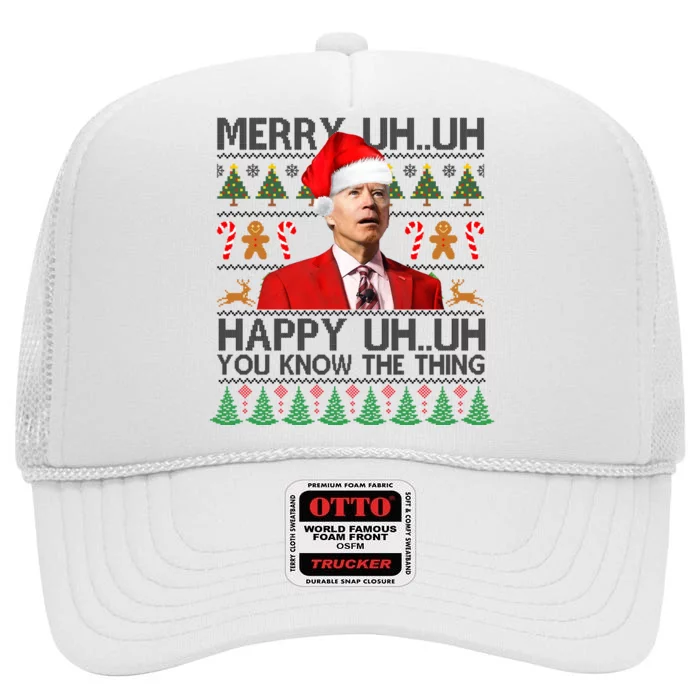 Funny Santa Joe Biden Merry Uh Uh Christmas Ugly High Crown Mesh Trucker Hat