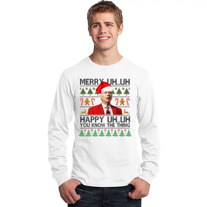 Funny Santa Joe Biden Merry Uh Uh Christmas Ugly Long Sleeve Shirt