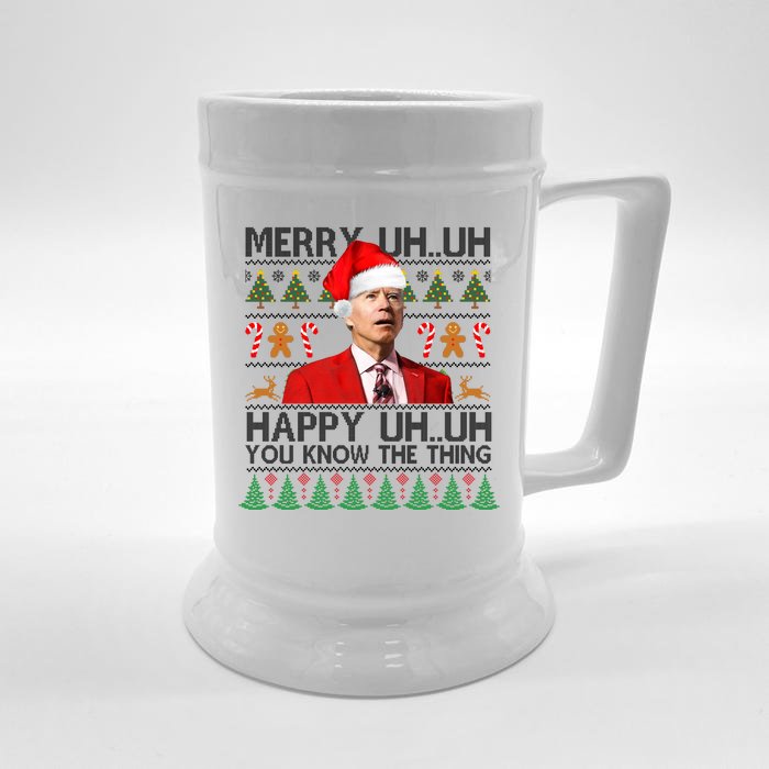 Funny Santa Joe Biden Merry Uh Uh Christmas Ugly Front & Back Beer Stein