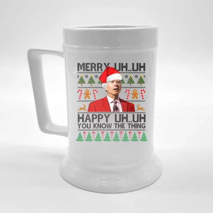 Funny Santa Joe Biden Merry Uh Uh Christmas Ugly Front & Back Beer Stein