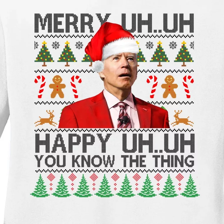 Funny Santa Joe Biden Merry Uh Uh Christmas Ugly Ladies Long Sleeve Shirt