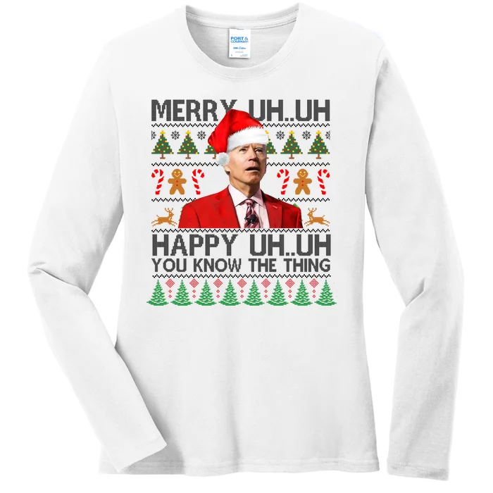 Funny Santa Joe Biden Merry Uh Uh Christmas Ugly Ladies Long Sleeve Shirt