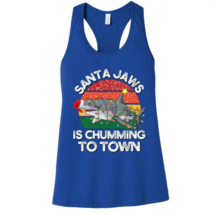 Funny Santa Jaws Shark Christmas Lights Sharkmas Xmas Retro Women's Racerback Tank