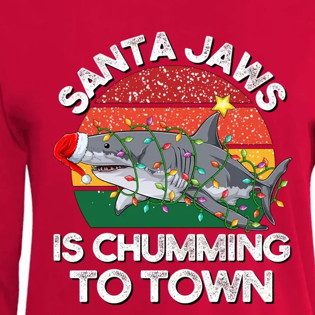 Funny Santa Jaws Shark Christmas Lights Sharkmas Xmas Retro Womens Cotton Relaxed Long Sleeve T-Shirt