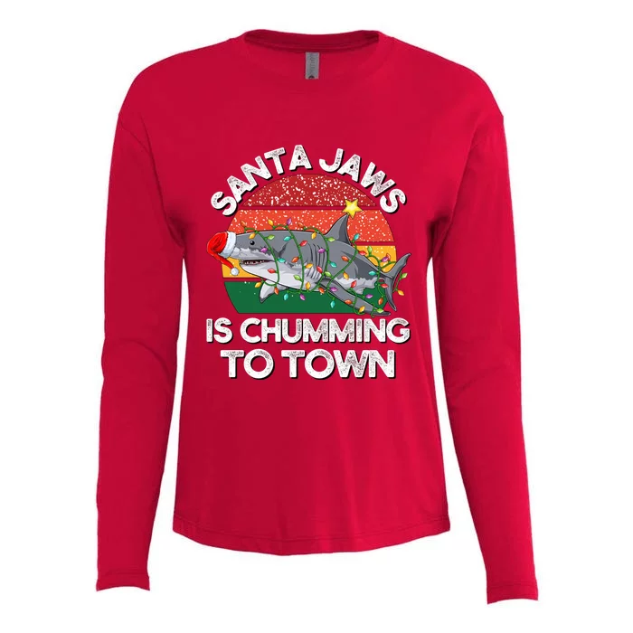 Funny Santa Jaws Shark Christmas Lights Sharkmas Xmas Retro Womens Cotton Relaxed Long Sleeve T-Shirt