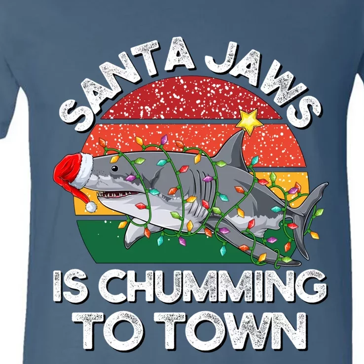 Funny Santa Jaws Shark Christmas Lights Sharkmas Xmas Retro V-Neck T-Shirt