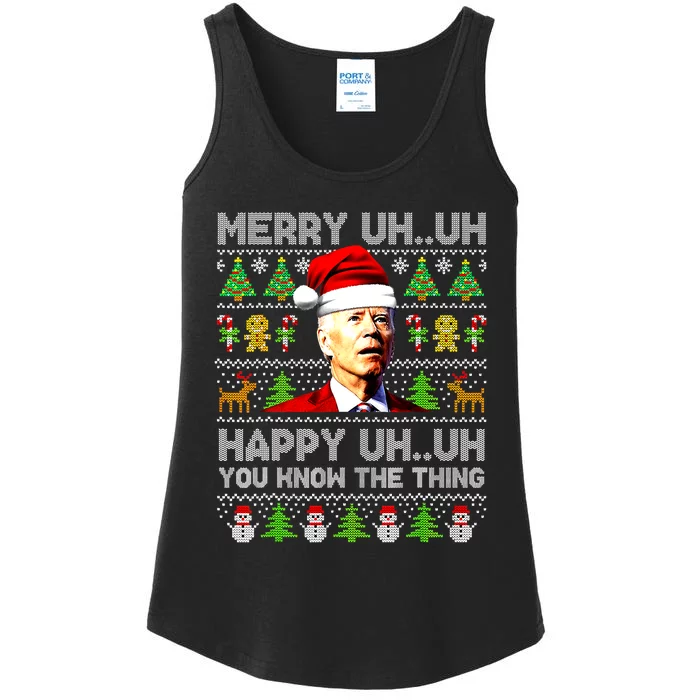 Funny Santa Joe Biden Merry Uh Uh Christmas Ugly Sweater Ladies Essential Tank