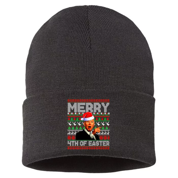 Funny Santa Joe Biden Merry 4th Of Easter Ugly Christmas Sustainable Knit Beanie