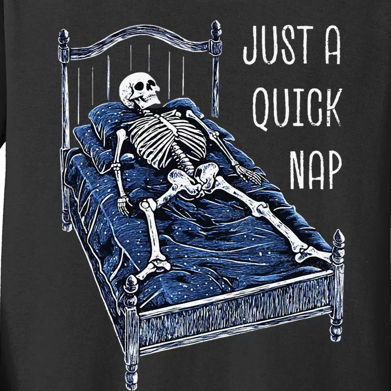 Funny Skeleton Just A Quick Nap Halloween Dead Tired Humor Kids Long Sleeve Shirt