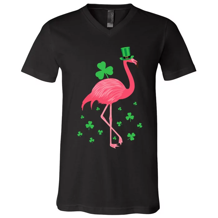 Flamingo Shamrock Leprechaun St Patricks Day V-Neck T-Shirt