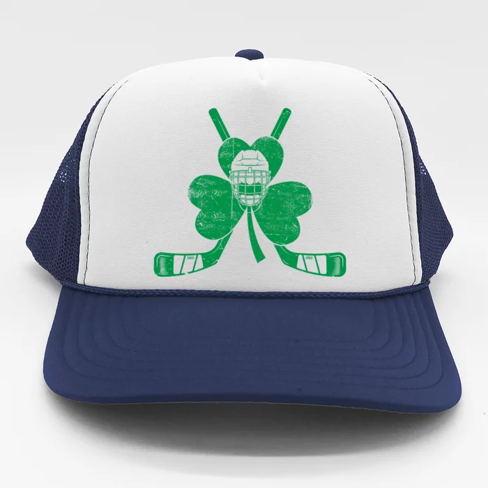 Funny Shamrock Leaf Hockey Sticks And Helmet St Patricks Day Gift Trucker Hat