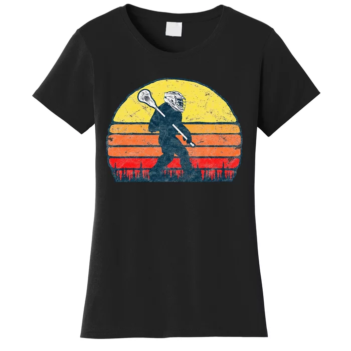 Funny Sasquatch Lax Bigfoot Lacrosse Vintage 80s Sunset Women's T-Shirt