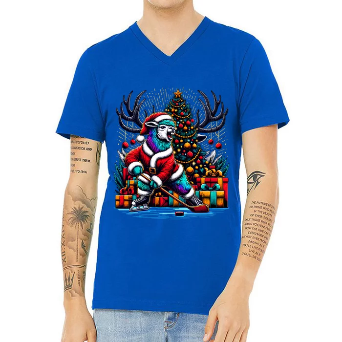 Funny Santa Llama Playing Hockey Christmas Gift V-Neck T-Shirt