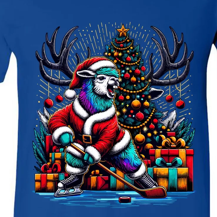 Funny Santa Llama Playing Hockey Christmas Gift V-Neck T-Shirt