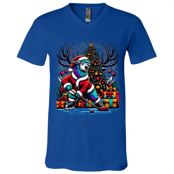 Funny Santa Llama Playing Hockey Christmas Gift V-Neck T-Shirt