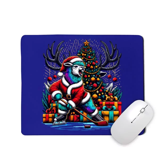 Funny Santa Llama Playing Hockey Christmas Gift Mousepad