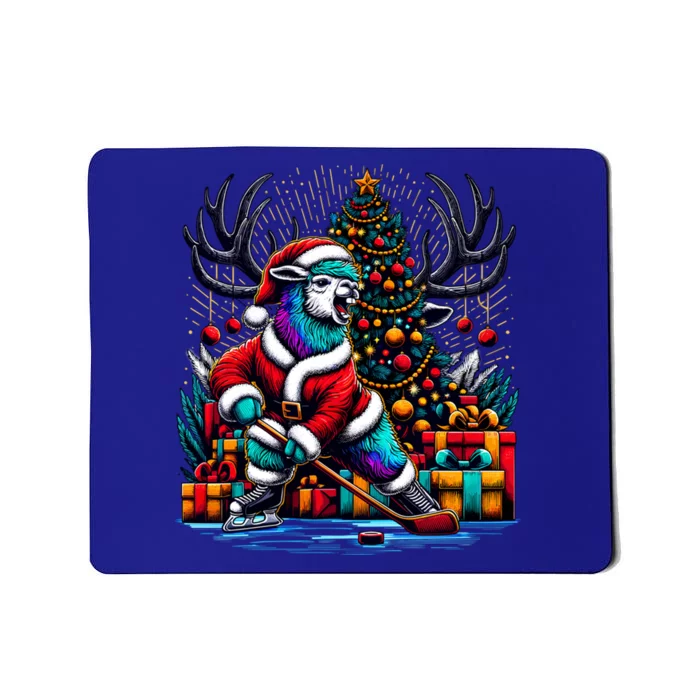 Funny Santa Llama Playing Hockey Christmas Gift Mousepad