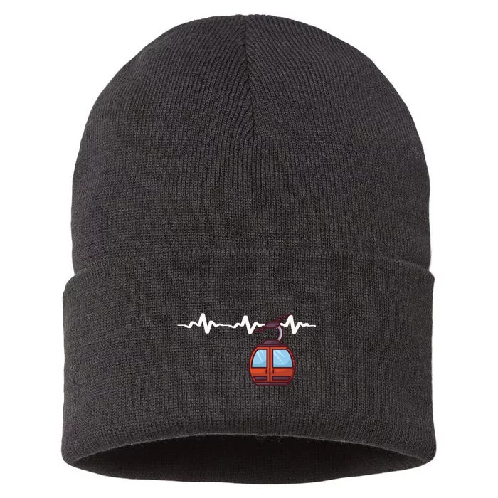 Funny Ski Lift Heartbeat Design Skier Gift For Skier Sustainable Knit Beanie