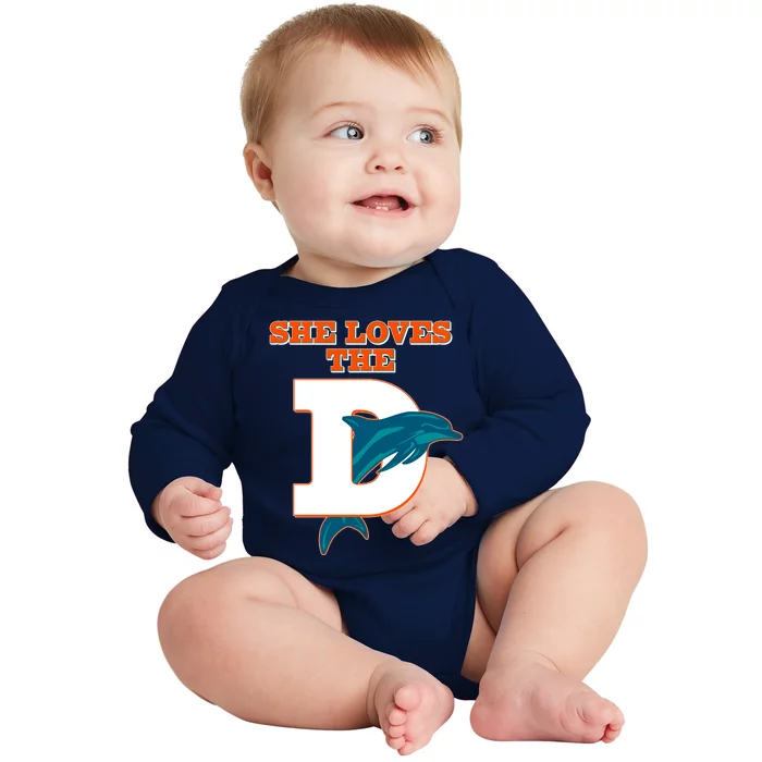 Funny She Loves The D Miami Football Fan Baby Long Sleeve Bodysuit