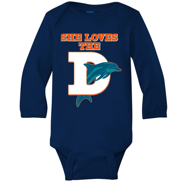 Funny She Loves The D Miami Football Fan Baby Long Sleeve Bodysuit