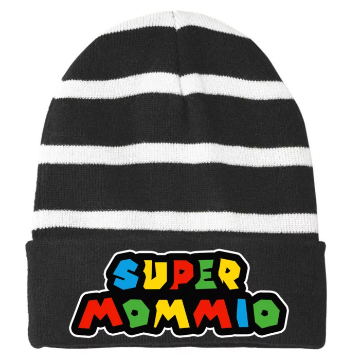 Funny Super Mommio Video Game Lover Mothers Day Striped Beanie with Solid Band