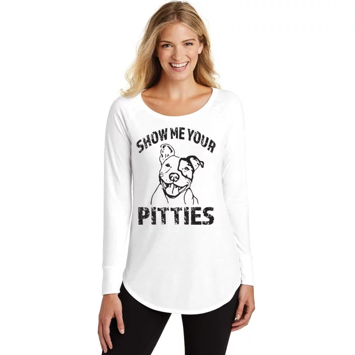 Funny Show Me Your Pitties Shirts Pitbull Owner Women's Perfect Tri Tunic Long Sleeve Shirt