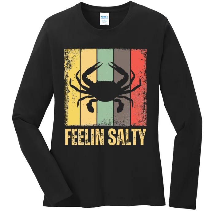 Feelin Salty Maryland Crab Retro Vintage Ladies Long Sleeve Shirt