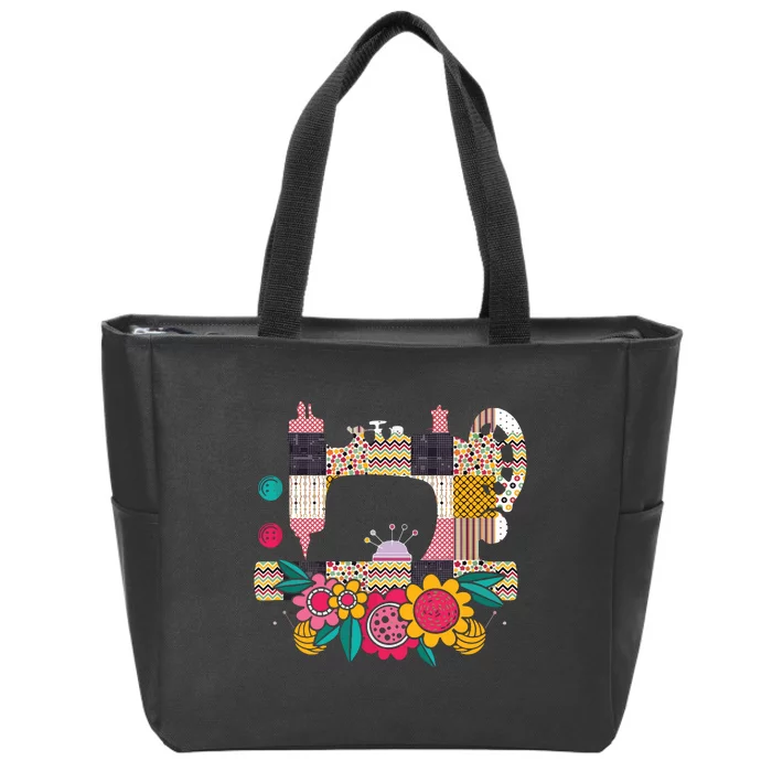 Floral Sewing Machine Flower Seamstress Sewing Machine Zip Tote Bag