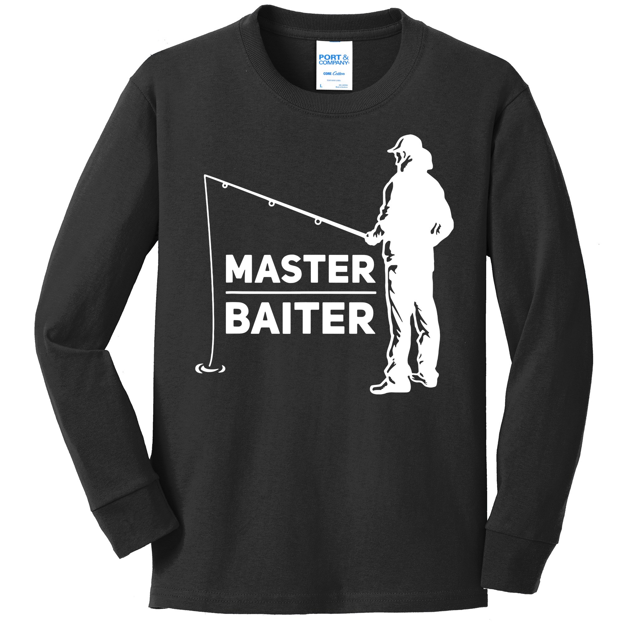 Funny Saying Master Baiter Fishing Fishermen Kids Long Sleeve Shirt