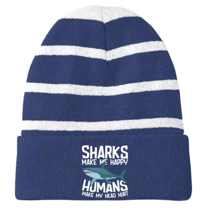 Funny Sharks Make Me Happy Marine Biology Shark Striped Beanie with Solid Band