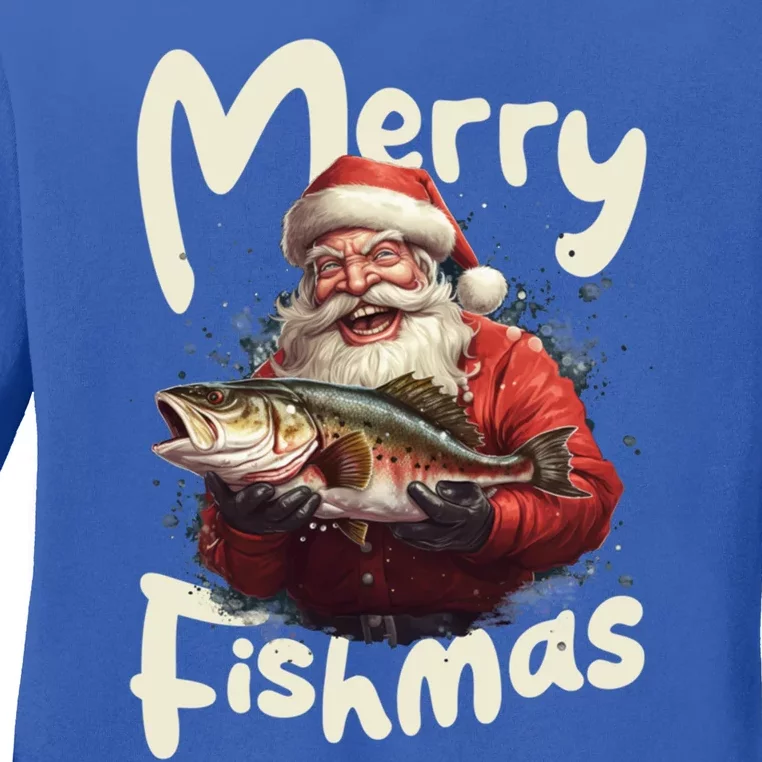 Funny Santa Merry Fishmas Gift Ladies Long Sleeve Shirt