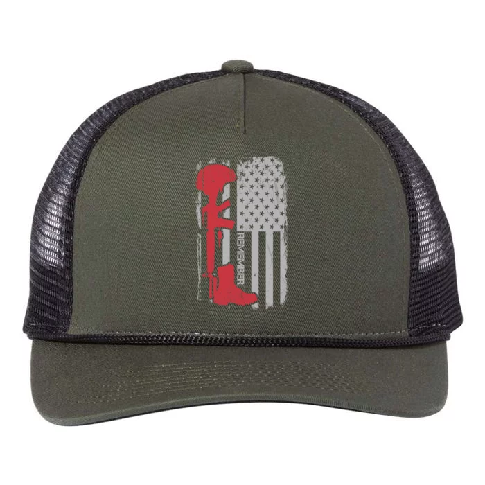 Fallen Soldier Memorial Day Salute Usa American Flag Gift Retro Rope Trucker Hat Cap